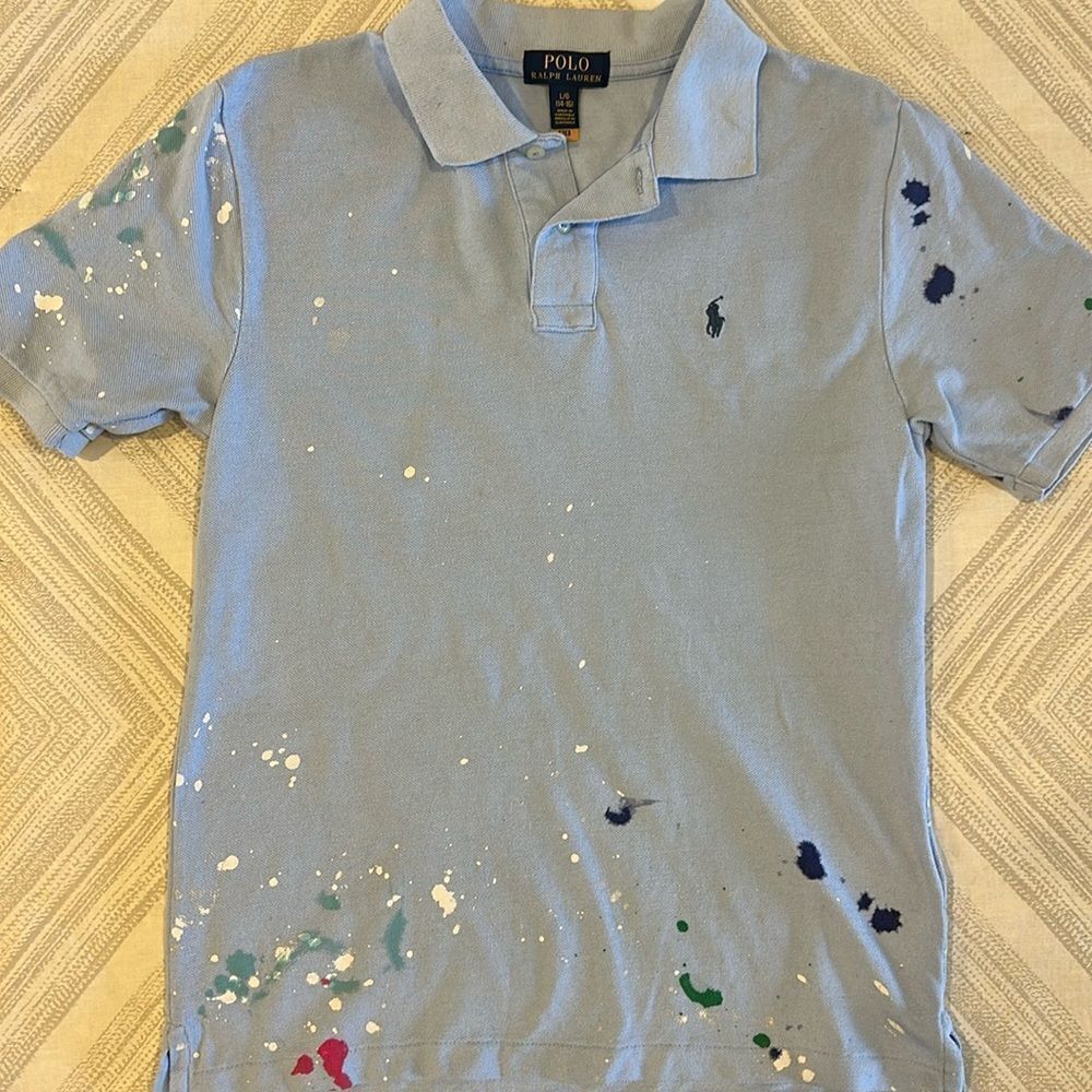 POLO Ralph Lauren Boys Light Blue Splatter Paint Collared Short-sleeve Shirt - L